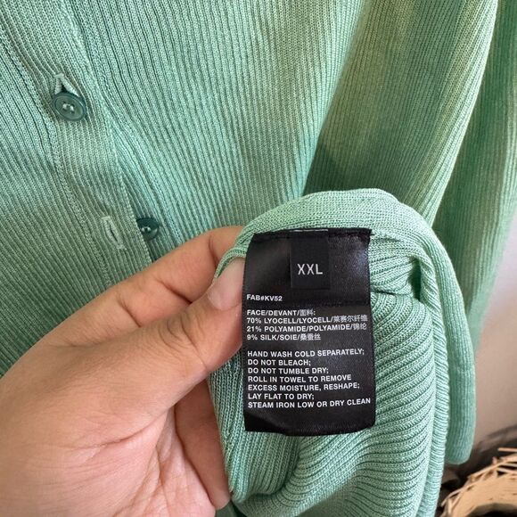 Lafayette 148 New York Green Mandarin Collar Buttoned Sweater - Picture 3 of 4